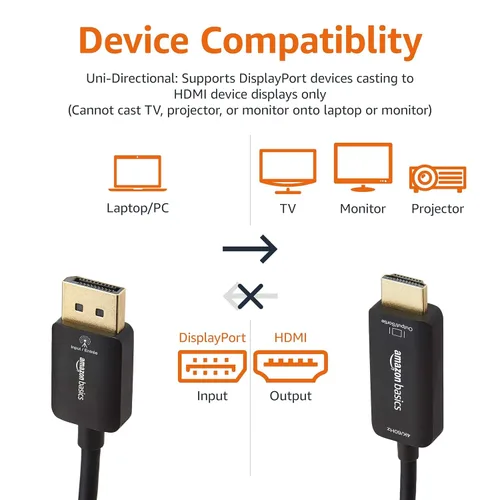Miniatura 3 de Amazon Basics Cable DisplayPort a HDMI, unidireccional, de computadora a pantalla, video y audio, 1080p, 1920x1200, 4K @60Hz, enchufe chapado