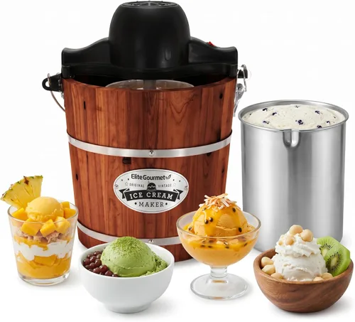 Elite Gourmet EIM418 Máquina para hacer helados eléctrica con cubeta de nogal vintage de 4 cuartos estilo antiguo, utiliza hielo y sal de roca para