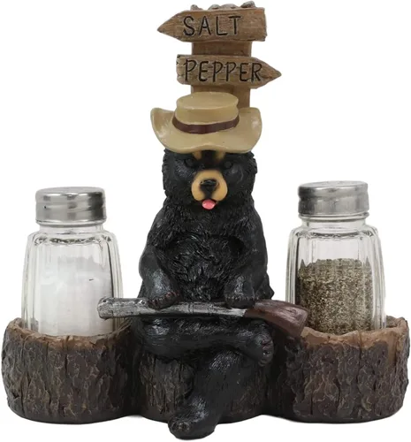 Ebros Gift Rústico Oso de Papá Negro Occidental con escopeta sentado en el cruce de árboles Banco de troncos de sal y pimentero, Figura de soporte