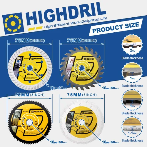 Miniatura 2 de HIGHDRIL Juego de hojas de sierra circular de 3" 75mm, 4 piezas - Disco de corte de diamante/HSS/TCT para amoladora angular para cortar metal