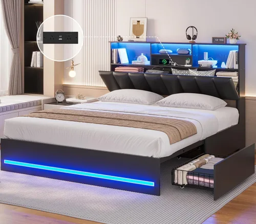AOGLLATI Estructura de cama Queen con elegante cabecero tipo estantería y estación de carga y luces LED, estructura de cama tamaño Queen con 4 Negro