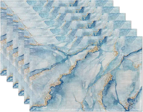 Juego de 6 manteles individuales de mármol, color azul y dorado, elegantes manteles individuales de mármol, resistentes al calor, lavables, Mármol