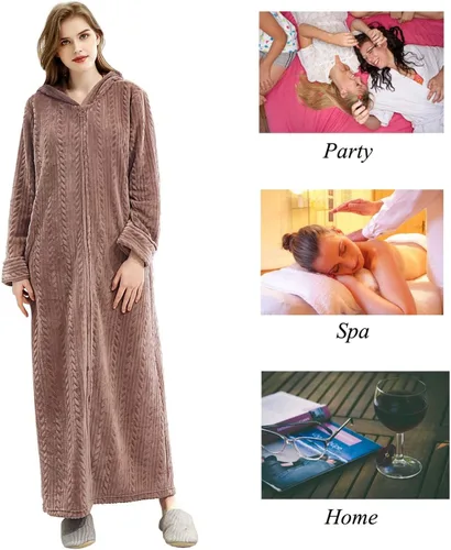 Miniatura 6 de Hellomamma Bata de baño larga con capucha y cremallera para mujer, bata de franela de forro polar, abrigo de invierno cálido para el hogar, camisón
