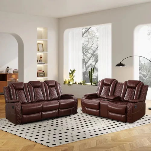 Miniatura 30 de Juego de sofá reclinable eléctrico, sofá reclinable de cuero de aire con LED/portavasos/almacenamiento, 2 muebles de sala de estar, sofá de cuero