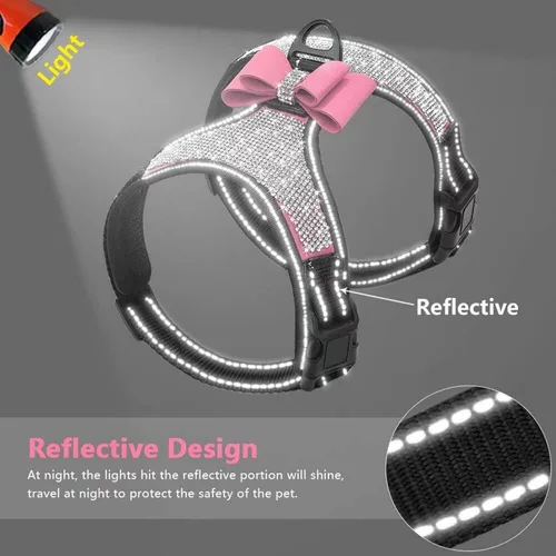 Miniatura 4 de Beirui Arnés para perro con diamantes de imitación, chaleco reflectante de nailon brillante con pajarita brillante para perros pequeños, medianos