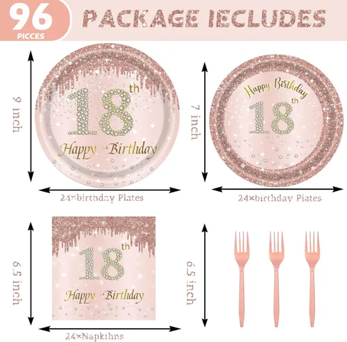 Miniatura 2 de 24 juegos de decoración de fiesta de cumpleaños de oro rosa para niñas de 18 años, platos y servilletas para cumpleaños, suministros de fiesta