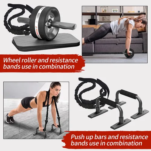 Miniatura 5 de EnterSports Kit de ruedas para abdominales, rueda de ejercicio para entrenamiento de fuerza abdominal con barras para flexiones, bandas de Negro
