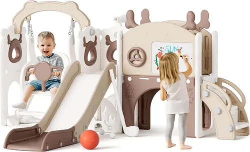 Miniatura 9 de Mloong Juego de toboganes y columpios 11 en 1 para niños pequeños de 1 a 3 años, para interiores y exteriores, con aro de baloncesto, golf, fácil