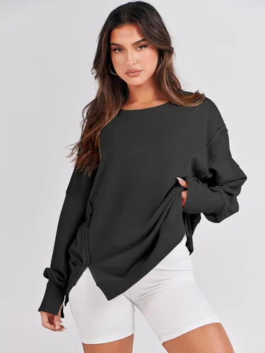 Miniatura 3 de ANRABESS Sudadera de gran tamaño para mujer, cuello redondo, manga larga, casual, con abertura, sin botones, ropa de otoño