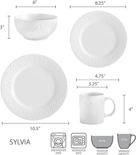Miniatura 2 de Pfaltzgraff Sylvia - Juego de vajilla de 32 piezas en color blanco, servicio para 8, platos, cuencos y tazas de gres resistente, aptos