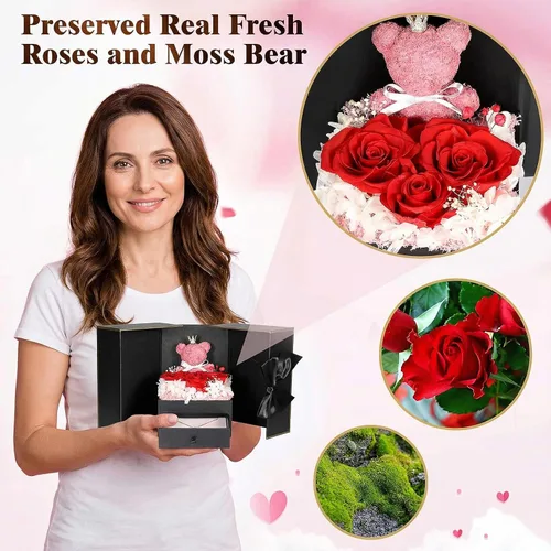 Miniatura 6 de Bonito regalo de oso de rosas reales preservadas con collares iniciales chapados en oro de 18 quilates para mujeres, día de la madre, cumpleaños
