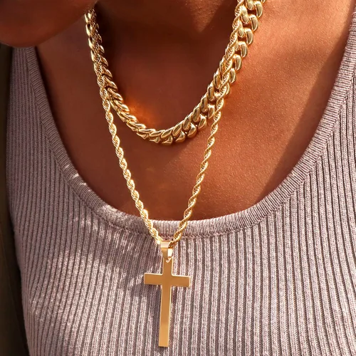 Miniatura 3 de 2 collares de cruz para hombres y mujeres, cadena de eslabones cubanos de plata dorada y negra para hombres, cadena de cuerda en capas, collar