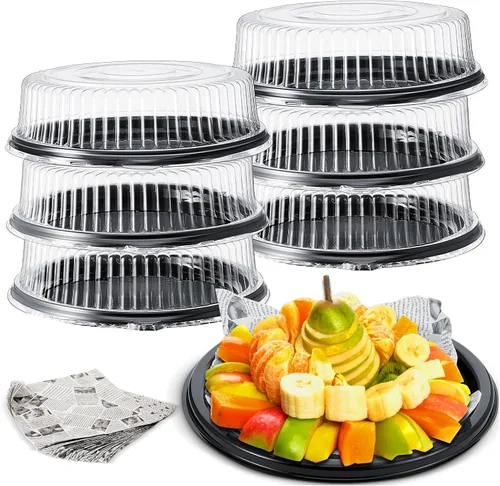 Tessco - 6 bandejas y tapa de servicio resistente, 12 hojas de papel de cera de delicatessco, platos redondos de plástico negro con tapas