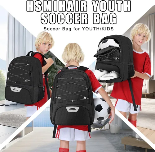 Miniatura 4 de Hsmihair - Mochila de fútbol juvenil - Mochila para fútbol y baloncesto, con compartimento para pelota y tacos separados