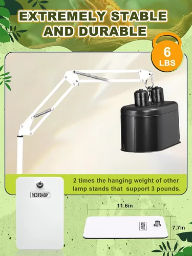 Miniatura 6 de Soporte de luz para reptiles, soporte de bombilla de calor (15.7 a 74.3 pulgadas) con brazo oscilante ajustable de 360° para terrario, soporte