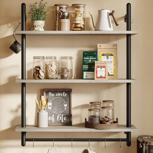 Bestier Estantería Industrial de Tubería de 3 Niveles, Estantes Flotantes para Libros para Pared, Estantes Colgantes de Almacenamiento con Barra Gris