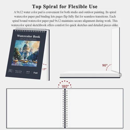 Miniatura 4 de Fuxi Papel de Acuarela 9 x 12 pulgadas, Cuaderno de Bocetos de Acuarela 140 lb Prensado en Frío, 32 Hojas (64 Páginas) Bloc de Acuarela, Perfecto