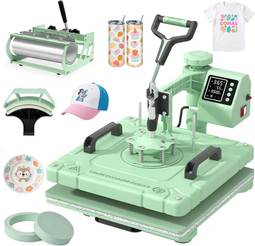 Miniatura 11 de Slendor Máquina de prensa de calor 8 en 1 de 15 x 15 pulgadas, máquina de prensado digital de camisetas de 360 grados, multifunción por Verde