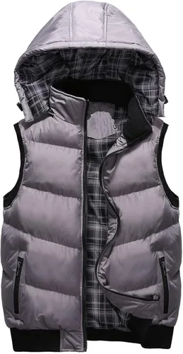 Miniatura 9 de WENKOMG1 Chaleco con capucha con doble cremallera para hombre, abrigo de color sólido, abrigo cálido y grueso, sin mangas, chaqueta suelta
