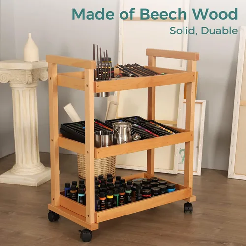 Miniatura 3 de VISWIN Organizador de carrito de arte, organizador de almacenamiento de suministros de arte de madera de haya maciza con ruedas giratorias, carrito
