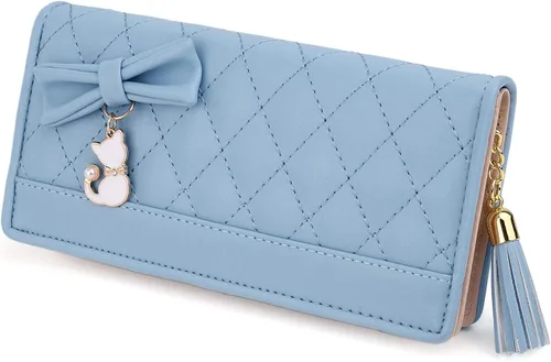 UTO Cartera de piel sintética para mujer, de gran capacidad, colgante de gato, soporte para teléfono, organizador de chequera, con cremallera,
