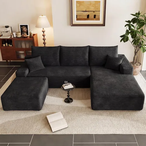 Miniatura 6 de Sofá modular Cloud de 95 pulgadas con otomana, moderno sofá nube en forma de U con asiento profundo, cómodo sofá de pana de 3 plazas, sofá de espuma