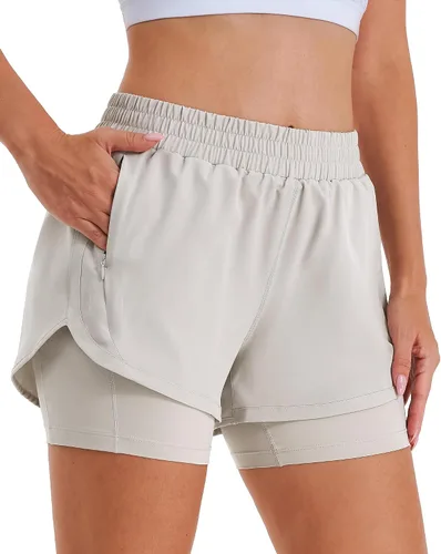 Miniatura 10 de Stelle Pantalones cortos de correr 2 en 1 para mujer, pantalones cortos deportivos de cintura alta, pantalones cortos de entrenamiento con forro