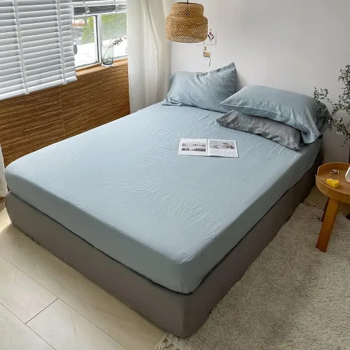 Miniatura 7 de Sábana bajera ajustable 100 % lino lavado a la piedra, color sólido (1 pieza) funda de colchón de 14 pulgadas de profundidad suave, natural y Azul