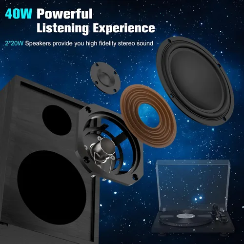Miniatura 2 de Udreamer Tocadiscos de vinilo, giradiscos con altavoces de 40W, entrada y salida Bluetooth y grabación USB, tocadiscos LP vintage con cartucho