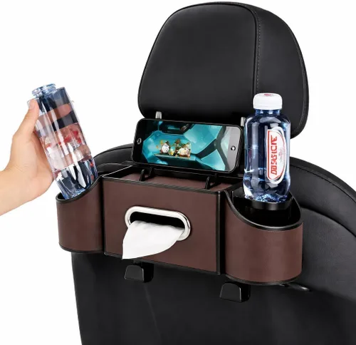 Miniatura 9 de Organizador de asiento trasero de automóvil, organizador de automóvil 4 en 1, asiento trasero con portavasos y caja de pañuelos, organizador de Negro