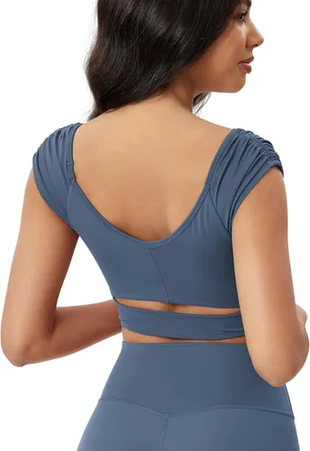 Miniatura 16 de ODODOS Camiseta corta sin mangas con cuello en V y frente fruncido para mujer, recortada en la espalda, manga casquillo