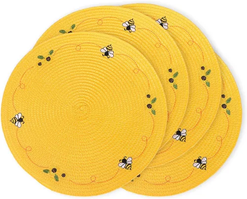 Whaline 4 piezas de manteles redondos con diseño de abeja y girasol bordados, manteles florales para mesa de comedor en casa, para primavera,