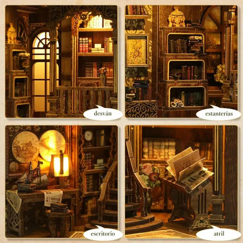 Miniatura 6 de Kit de rincón de libros – (edición clásica) – Rompecabezas de madera en miniatura de bricolaje Sala de colección de libros vintage con luces LED
