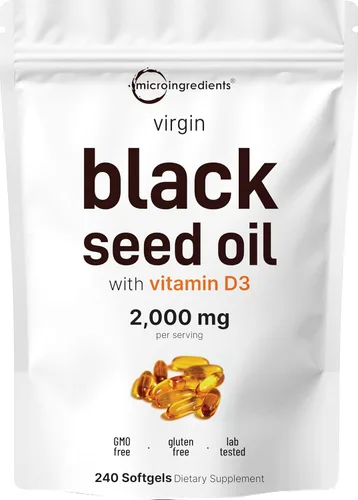 Micro Ingredients Aceite de semilla negra con vitamina D3 1000 UI, 240 cápsulas blandas | 2,000 mg de aceite de semilla negra por porción | Aceite
