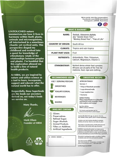 Miniatura 2 de MRM Nutrición Orgánica Baobab Polvo Superalimentos Salud digestiva Antioxidante 40 porciones
