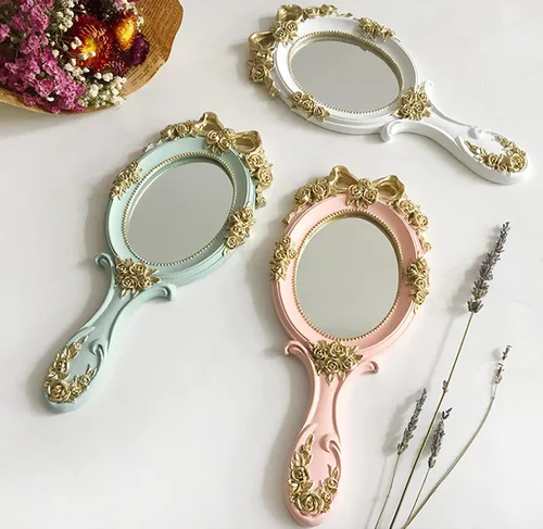Miniatura 6 de Nerien Espejo de Mano de Tocador Espejo de Maquillaje de Viaje Princesa Espejo Cosmético de Metal Portátil Ovalado con Rosas en Relieve Espejos
