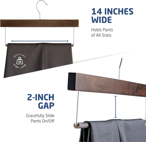 Miniatura 5 de ZOBER Perchas de madera de alta calidad para pantalones y pantalones con barra antideslizante, acabado liso, perchas de madera duraderas - Perchas