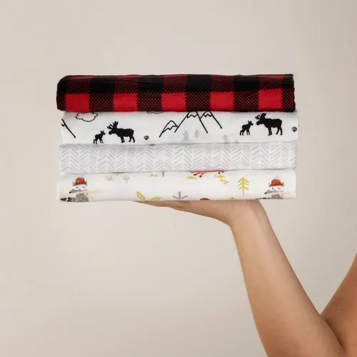 Miniatura 3 de Buffalo Check Woodland - Paquete de 4 mantas de franela a cuadros de búfalo, bosque de invierno, estampado de espiga y montañas de alce, rojo