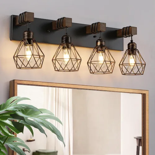 Miniatura 22 de Lámpara de tocador estilo casa de campo para baño, luminarias de tocador de baño de 2 luces negra dorada de madera sobre espejo, apliques rústicos