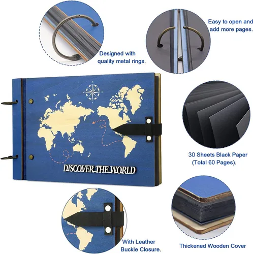 Miniatura 5 de ZEEYUAN Regalo del Día del Padre de Esposa/Hija/Hijo Álbum de Libro de Recortes de Madera Mapa del Mundo Diario de Viaje Libro de Recortes Nuestro