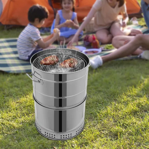 Miniatura 2 de Barril de carbón portátil grande – Parrilla de barbacoa de 360° sin humo con 50 pinchos y olla para cocinar al aire libre, viajes, campamento