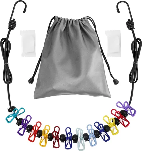 Miniatura 9 de Tendedero portátil retráctil para viajes, 2 paquetes de tendedero portátil con 8 pinzas para la ropa, 2 paquetes de toallas comprimidas desechables