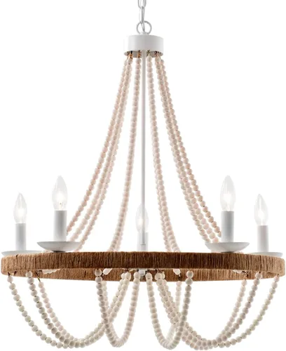 Miniatura 10 de candelabro rústico de 4 luces con cuentas de madera y borlas estilo Bohemia, luz colgante rústica antigua para dormitorio, isla de cocina, comedor