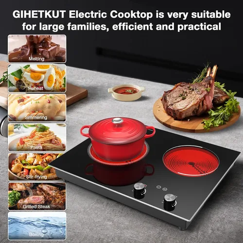 Miniatura 4 de GIHETKUT Placa de cocción eléctrica, 110V 2100W estufa de 2 quemadores, placa integrada y de encimera con 10 niveles de calentamiento, temporizador