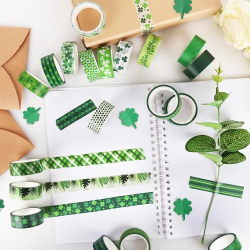 Miniatura 6 de Juego de cinta decorativa verde de 20 rollos de cinta washi del día de San Patricio para trébol de la suerte, cinta adhesiva para bricolaje del día
