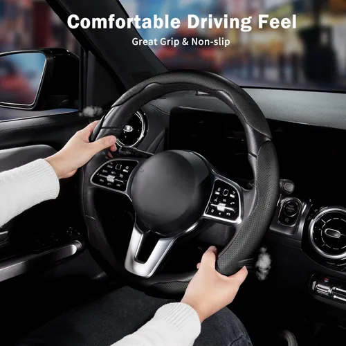Miniatura 2 de Funda de cuero de napa para volante de automóvil para hombres y mujeres, microfibra ultrafina, antideslizante, transpirable, universal para volante