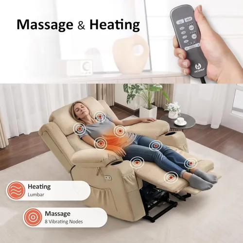 Miniatura 6 de MCombo Silla Reclinable Mediana de Elevación con Triple Motor Eléctrico con Masaje y Calor para Personas Mayores, Reposacabezas Ajustable, Posición