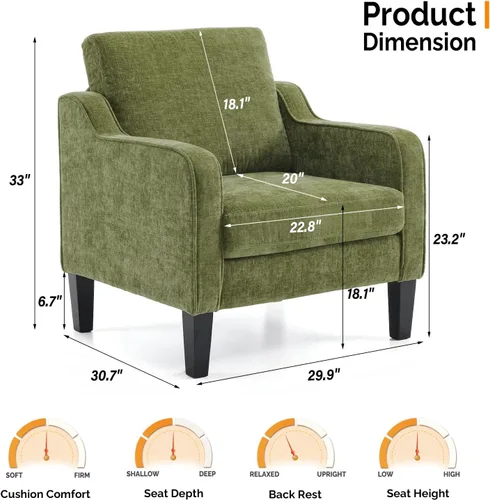 Miniatura 3 de VINGLI Silla de Acento para Sala de Estar Sillas Verde Oliva Silla de Lectura para Dormitorio Silla con Brazo Recogido Sillas de Acento Modernas