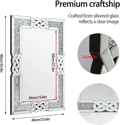 Miniatura 5 de Espejo de diamante triturado plateado: decoración rectangular de pared 35.4 x 23.6 pulgadas Espejo decorativo de lujo con espejo de cristal
