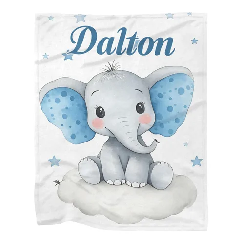 Manta personalizada de vellón para niños con nombre, manta de bebé personalizada con diseño de elefante azul, para cama, regalo de cumpleaños, baby